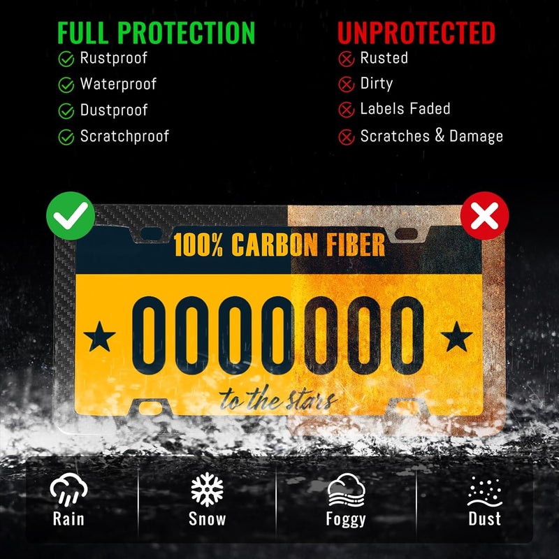 HIBRONGO License Plate Frame Cover - 100% Real Carbon Fiber License Plate Frame with Clear License Plate Cover Protector Universal Waterproof License Plate Holder with Complete Hardware - 1 Pack - Image 3